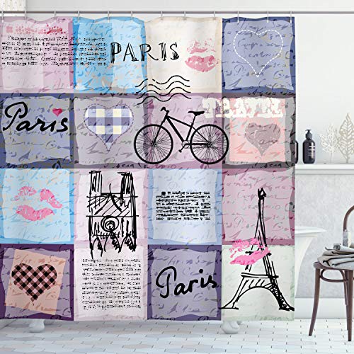 ABAKUHAUS Paris Duschvorhang, Eiffelturm Love Letter, Stoffliches Gewebe Badezimmerdekorationsset mit Haken, 175 x 180 cm, Mehrfarbig von ABAKUHAUS