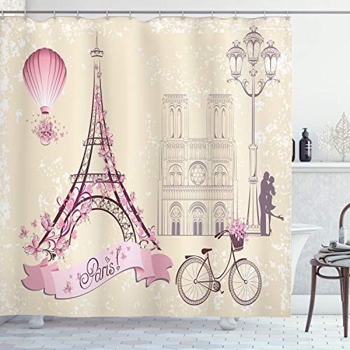 ABAKUHAUS Paris Duschvorhang, Floral Paris Eiffel, Stoffliches Gewebe Badezimmerdekorationsset mit Haken, 175 x 200 cm, Pink ABAKUHAUS Paris Duschvorhang, Floral Paris Eiffel, Stoffliches Gewebe Badezimmerdekorationsset mit Haken, 175 x 200 cm, Pink von ABAKUHAUS