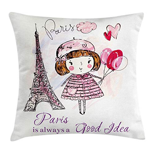 ABAKUHAUS Paris Kissenbezug, Herzen auf Eiffelturm, für den Innen oder Außen Bereich geeignet mit Reißverschluß Waschbarer Stoff, 40 x 40 cm, Weiß Lila von ABAKUHAUS