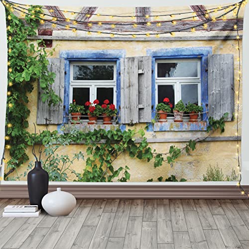 ABAKUHAUS Pelargonien Wandteppich, Bild der Alten Fenster, Wohnzimmer Schlafzimmer Heim Seidiges Satin Wandteppich, 200 x 150 cm, Beige und Multicolor von ABAKUHAUS