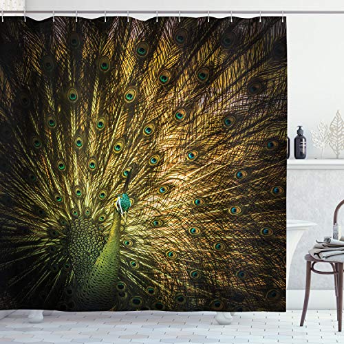 ABAKUHAUS Pfau Duschvorhang, Exotische dunkle Federn, Stoffliches Gewebe Badezimmerdekorationsset mit Haken, 175 x 220 cm, Mustard Grün von ABAKUHAUS