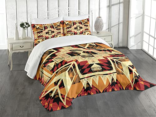 ABAKUHAUS Pfeil Tagesdecke Set, Native American Boho Chic, Set mit Kissenbezug Maschienenwaschbar, für Einzelbetten 170 x 220 cm, Rot-orange-gelb von ABAKUHAUS