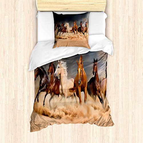 ABAKUHAUS Pferd Bettbezug Set für Einzelbetten, Equine Themed Tiere, Milbensicher Allergiker geeignet mit Kissenbezug, Braun Sand von ABAKUHAUS