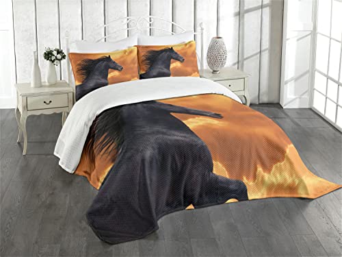 ABAKUHAUS Pferde Tagesdecke Set, Galoppierende Friese, Set mit Kissenbezug Sommerdecke, für Einzelbetten 170 x 220 cm, Orange Schwarz von ABAKUHAUS