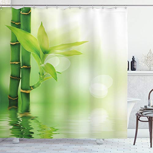 ABAKUHAUS Pflanze Duschvorhang, Bambus aus Wasser, Stoffliches Gewebe Badezimmerdekorationsset mit Haken, 175 x 220 cm, Smaragdgrün von ABAKUHAUS