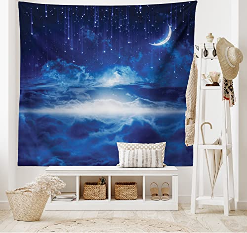 ABAKUHAUS Phantasie Wandteppich und Tagesdecke, Night Sky Moon Stars, aus Weiches Mikrofaser Stoff Wand Dekoration Für Schlafzimmer, 150 x 110 cm, Marineblau und Weiß von ABAKUHAUS