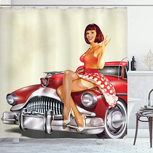 ABAKUHAUS Pin up Duschvorhang, Classic Retro-Auto, Stoffliches Gewebe Badezimmerdekorationsset mit Haken, 175 x 180 cm, Mehrfarbig von ABAKUHAUS