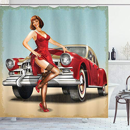 ABAKUHAUS Pin up Girl Duschvorhang, Dutch Haircut Stil, Stoffliches Gewebe Badezimmerdekorationsset mit Haken, 175 x 180 cm, Mehrfarbig von ABAKUHAUS