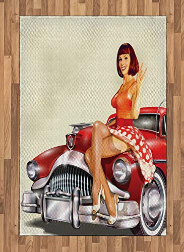 ABAKUHAUS Pin up Girl Teppich, Klassisches Retro-Auto, Deko-Teppich Digitaldruck, Färben mit langfristigen Halt, 120 x 180 cm, Mehrfarbig von ABAKUHAUS