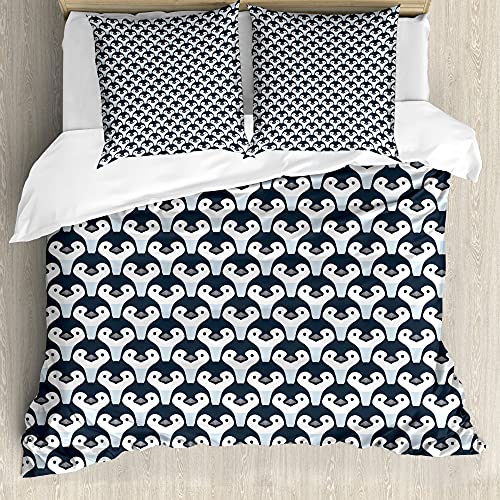 ABAKUHAUS Pinguin Bettbezug Set für Einzelbetten, Baby-Vögel Gesicht Muster, Milbensicher Allergiker geeignet mit Kissenbezug, 155 cm x 200 cm - 80 x 80 cm, Schiefer-Blau Baby Blue von ABAKUHAUS