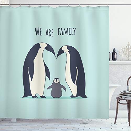 ABAKUHAUS Pinguin Duschvorhang, Wir sind Familie Wörter Tiere, Stoffliches Gewebe Badezimmerdekorationsset mit Haken, 175 x 200 cm, Dunkelblau Grau Mintgrün von ABAKUHAUS