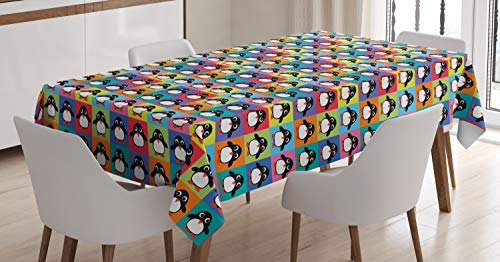 ABAKUHAUS Pinguin Tischdecke, Bunte Rahmen Tiere, Schmutzabweisend Pflegeleicht Waschbar Druck Mit Klaren Farben ohne Verblassen, 140 x 170 cm, Rot Lila von ABAKUHAUS