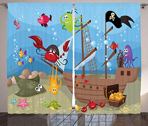 ABAKUHAUS Pirat Rustikaler Gardine, Schiff Unterwassertiere, Schlafzimmer Kräuselband Vorhang mit Schlaufen und Haken, 280 x 175 cm, Aqua Rot von ABAKUHAUS