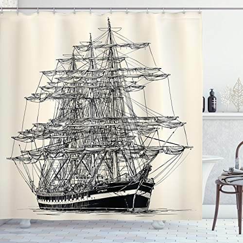 ABAKUHAUS Piratenschiff Duschvorhang, Segelboot-Weinlese, Stoffliches Gewebe Badezimmerdekorationsset mit Haken, 175 x 220 cm, Schwarz Creme von ABAKUHAUS