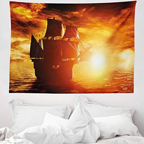 ABAKUHAUS Piratenschiff Wandteppich, Schiff Sonnenuntergang aus Weiches Mikrofaser Stoff Waschbar ohne Verblassen Digitaldruck, 150 x 110 cm, Schwarz Hellorange von ABAKUHAUS