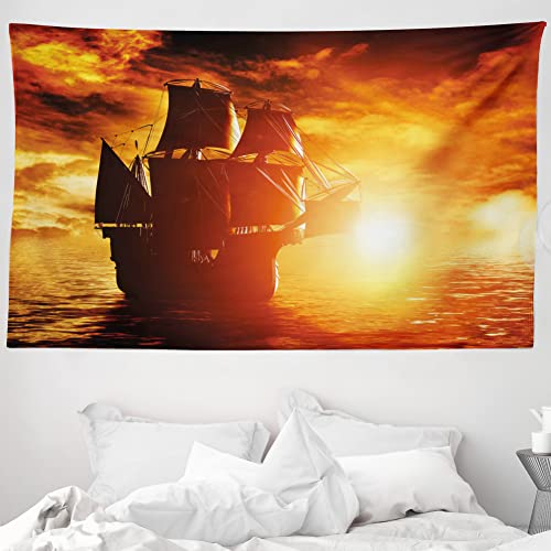 ABAKUHAUS Piratenschiff Wandteppich und Tagesdecke, Schiff Sonnenuntergang aus Weiches Mikrofaser Stoff Waschbar ohne Verblassen Digitaldruck, 230 x 140 cm, Schwarz Hellorange von ABAKUHAUS