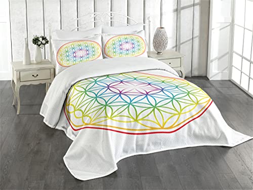 ABAKUHAUS Platz Tagesdecke Set, Leuchtende Blume des Lebens, Set mit Kissenbezügen Sommerdecke, für Doppelbetten 264 x 220 cm, Gelb Mehrfarbig von ABAKUHAUS