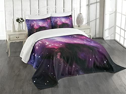 ABAKUHAUS Platz Tagesdecke Set, Nebula Cosmos Bild, Set mit Kissenbezügen Klare Farben, für Doppelbetten 220 x 220 cm, Lila Blau von ABAKUHAUS