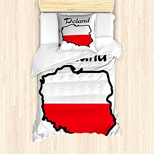 ABAKUHAUS Polen Bettbezug Set für Einzelbetten, Karte und Flagge Illustration, Milbensicher Allergiker geeignet mit Kissenbezug, 135 cm x 200 cm - 80 x 80 cm, Vermilion Koksgraue von ABAKUHAUS