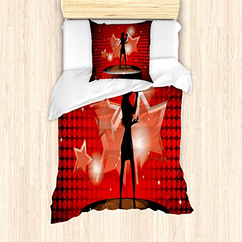 ABAKUHAUS Popstar-Party Bettbezug Set, Frau Singer Stern, Milbensicher Allergiker geeignet mit Kissenbezügen, 135 cm x 200 cm - 80 x 80 cm, Rote Koralle Schwarz von ABAKUHAUS