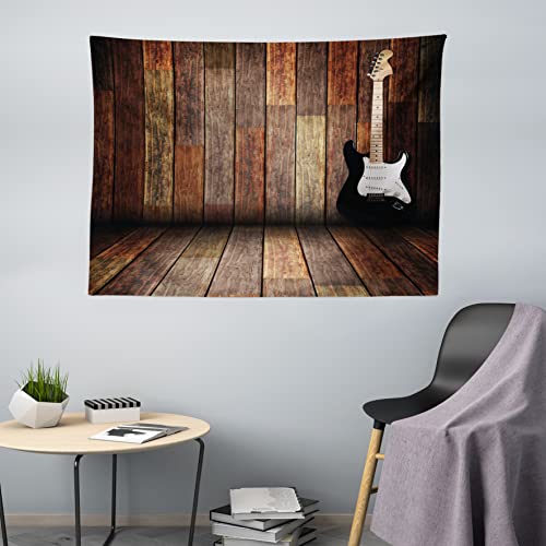 ABAKUHAUS Popstar-Party Wandteppich, Gitarre Holz Zimmer, Wohnzimmer Schlafzimmer Wandtuch Seidiges Satin Wandteppich, 200 x 150 cm, Braun Schwarz Weiß von ABAKUHAUS