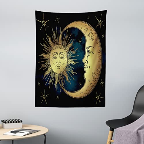 ABAKUHAUS Psychedelisch Wandteppich, Mond und Sonne im antiken Stil Lunar Mythos Astrologie Kunstdruck, aus Weiches Mikrofaser Stoff Wand Dekoration Für Schlafzimmer, 110 x 150 cm, Petrolblau Gelb von ABAKUHAUS