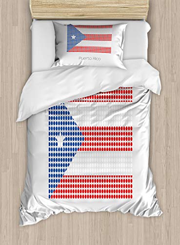 ABAKUHAUS Puerto Rico Bettbezug Set für Einzelbetten, Nationalflagge mit Punkten, Milbensicher Allergiker geeignet mit Kissenbezug, 130 x 200 cm - 70 x 50 cm, Pale Grau Vermilion von ABAKUHAUS