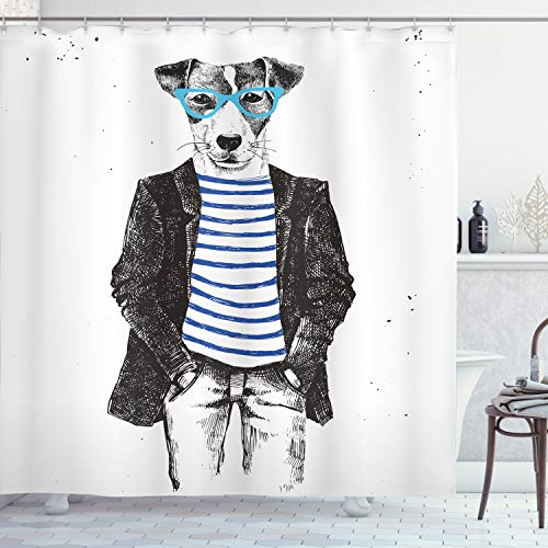 ABAKUHAUS Quirky Duschvorhang, Jack Russell Hunde Gläser, Digital auf Stoff Bedruckt inkl.12 Haken Wasser, 175 x 180 cm, Schwarz-weiß-blau von ABAKUHAUS