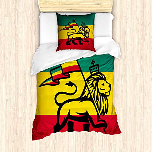 ABAKUHAUS Rasta Bettbezug Set, Judah Lion Rastafari Flagge, Milbensicher Allergiker geeignet mit Kissenbezügen, 135 cm x 200 cm - 80 x 80 cm, Gelb Schwarz von ABAKUHAUS