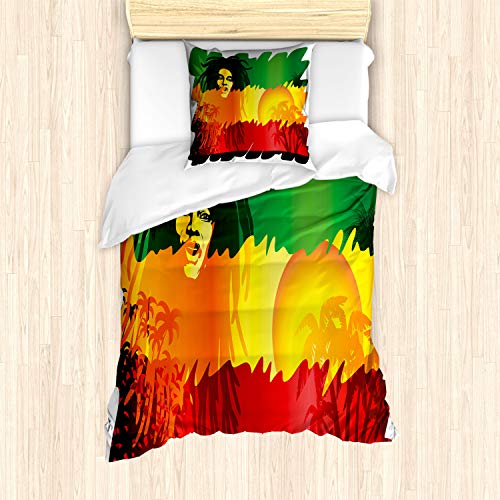 ABAKUHAUS Rasta Bettbezug Set, Reggae-Musik-Sänger, Milbensicher Allergiker geeignet mit Kissenbezügen, 135 cm x 200 cm - 80 x 80 cm, Orange Gelb von ABAKUHAUS
