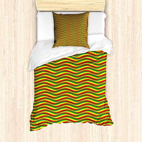 ABAKUHAUS Rasta Bettbezug Set für Einzelbetten, Ethiopian gewellte Streifen, Milbensicher Allergiker geeignet mit Kissenbezug, Marigold Grün und Rot von ABAKUHAUS