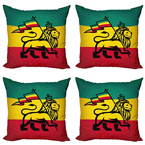 ABAKUHAUS Rasta Dekokissen Kissenbezug 4er Pack, Judah Lion Rastafari Flagge, Modern Accent Doppelseitiger Digitaldruck, 50 x 50 cm, Gelb Schwarz von ABAKUHAUS