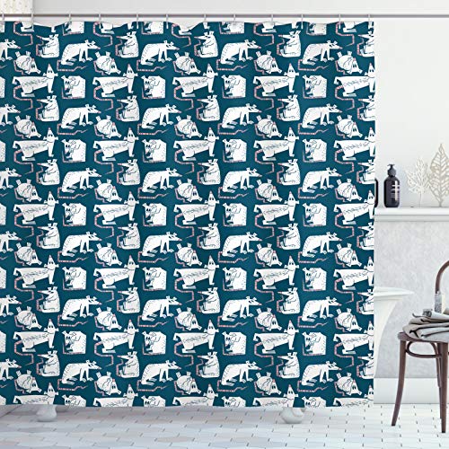 ABAKUHAUS Ratten Duschvorhang, Cartoon-Maus-Muster, Stoffliches Gewebe Badezimmerdekorationsset mit Haken, 175 x 200 cm, Dunkle Teal Pastellrosa von ABAKUHAUS