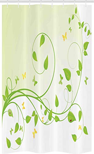 ABAKUHAUS Rebe Schmaler Duschvorhang, Blühende Bäumchen Blätter, Badezimmer Deko Set aus Stoff mit Haken, 120 x 180 cm, Hellgrün Gelb von ABAKUHAUS