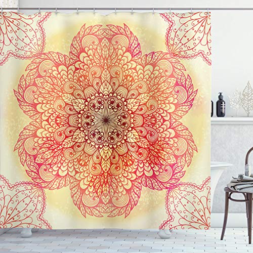 ABAKUHAUS Red Mandala Duschvorhang, Blüten-Blumen, Stoffliches Gewebe Badezimmerdekorationsset mit Haken, 175 x 220 cm, Burgundy Gelb Pink von ABAKUHAUS