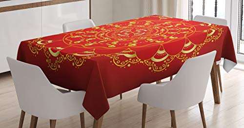ABAKUHAUS Red Mandala Tischdecke, Aufwändige Kunst, Schmutzabweisend Pflegeleicht Waschbar Druck Mit Klaren Farben ohne Verblassen, 140 x 170 cm, Gelb Rot von ABAKUHAUS