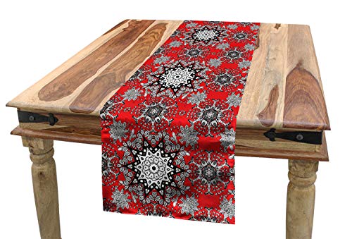 ABAKUHAUS Red Mandala Tischläufer, Blumenstrudel, Esszimmer Küche Rechteckiger Dekorativer Tischläufer, 40 x 180 cm, Scharlachrot Weiß Schwarz und Grau von ABAKUHAUS