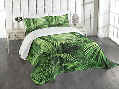 ABAKUHAUS Regenwald Tagesdecke Set, Palmen exotische Pflanzen, Set mit Kissenbezügen Mit Digitaldruck, für Doppelbetten 220 x 220 cm, Grün von ABAKUHAUS