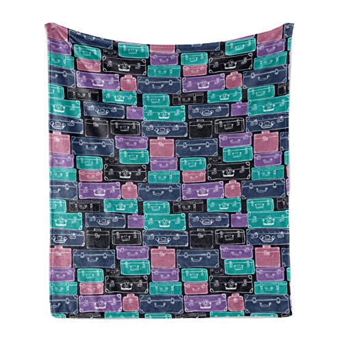 ABAKUHAUS Reise Weiche Kuscheldecke Sofadecke, Bunte Hand gezeichneter Luggages, Gemütlicher Plüsch für den Innen- und Außenbereich, 175 x 230 cm, Dunkle Seafoam Blau Violett und Pale Fuchsia von ABAKUHAUS