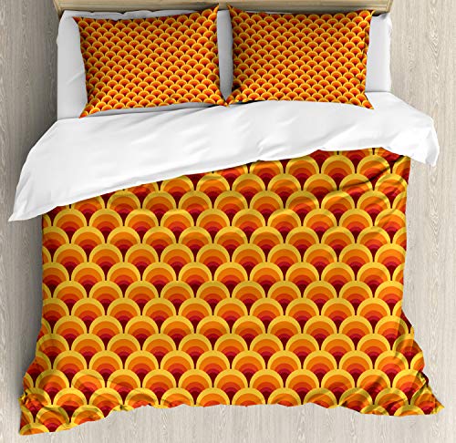 ABAKUHAUS Retro Bettbezugs Set Für Doppelbetten, Schuppe in den warmen Farben, Milbensicher Allergiker geeignet mit Kissenbezügen, 200 x 200 cm, Mehrfarbig Orange von ABAKUHAUS