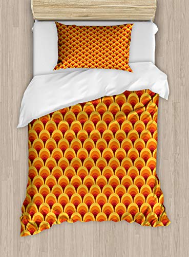 ABAKUHAUS Retro Bettbezugs Set für Einzelbetten, Schuppe in den warmen Farben, Milbensicher Allergiker geeignet mit Kissenbezug, 130 x 200 cm, Mehrfarbig Orange von ABAKUHAUS