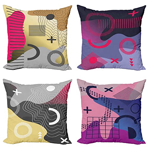 ABAKUHAUS Retro Dekokissen Kissenbezug 4er Pack, Lustiges 90er Jahre Groovy Party-Motiv Modern Accent Doppelseitiger Digitaldruck, 45 cm x 45 cm, Violett Magenta Senf von ABAKUHAUS