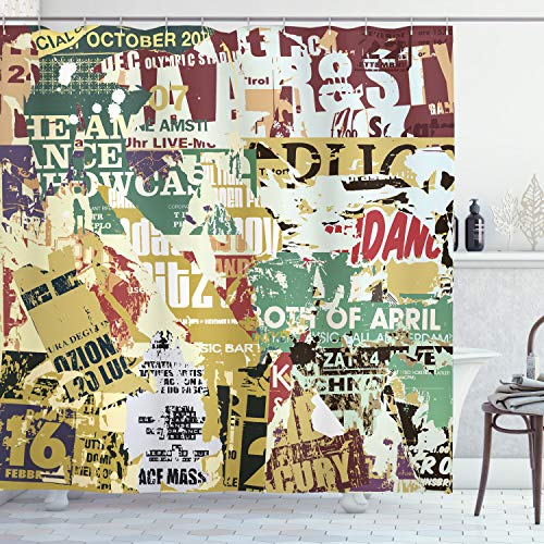 ABAKUHAUS Retro Duschvorhang, Alte Zerrissenen Poster Collagen, Stoffliches Gewebe Badezimmerdekorationsset mit Haken, 175 x 240 cm, Mehrfarbig von ABAKUHAUS