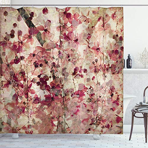 ABAKUHAUS Retro Duschvorhang, Kirschblüten Blumen, Stoffliches Gewebe Badezimmerdekorationsset mit Haken, 175 x 220 cm, Beige Rosa von ABAKUHAUS