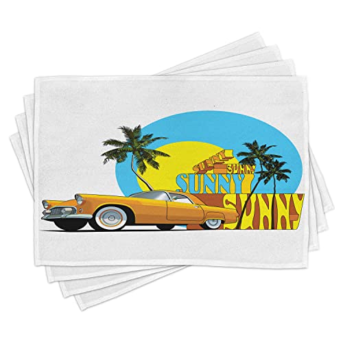 ABAKUHAUS Retro Platzmatten, Weinlese-Auto in der magischen Stadt Miami mit exotischem Kokosnuss-Baum-sonnigem Tagesstrand, Untersetzer aus Waschbaren Stoff Tischdekoration mit Druck, Orange Gelb Blau von ABAKUHAUS