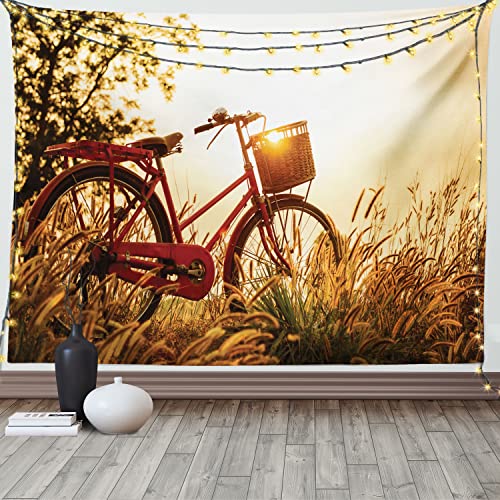 ABAKUHAUS Retro Wandteppich und Tagesdecke, Fahrrad in der Sepia-Tönen Rural aus Weiches Mikrofaser Stoff Waschbar ohne Verblassen Digitaldruck, 230 x 140 cm, Rot Orange Gelb von ABAKUHAUS