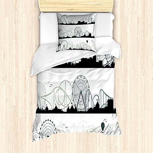 ABAKUHAUS Riesenrad Bettbezug Set für Einzelbetten, Moderne Kirmes-Ansicht, Milbensicher Allergiker geeignet mit Kissenbezug, 135 cm x 200 cm - 80 x 80 cm, Grau weiß von ABAKUHAUS