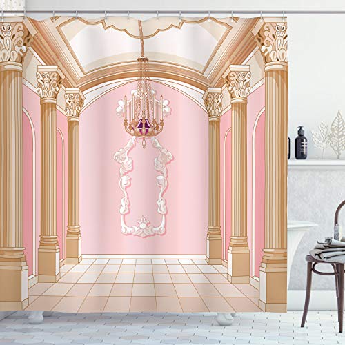 ABAKUHAUS Rosa Duschvorhang, Kronleuchter Decken Castle, Stoffliches Gewebe Badezimmerdekorationsset mit Haken, 175 x 200 cm, Pfirsich Puder Rosa von ABAKUHAUS