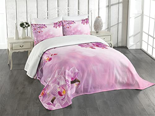 ABAKUHAUS Rosa Tagesdecke Set, Orchideen-Frühlings-Blumenblatt-Badekurort, Set mit Kissenbezügen Sommerdecke, für Einzelbetten 170 x 220 cm, Rosa von ABAKUHAUS