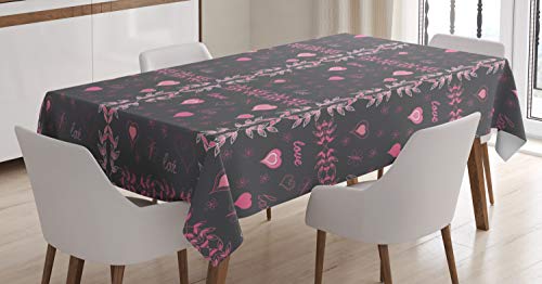 ABAKUHAUS Rosa und Grau Tischdecke, Liebe-Frühlings-Flora, Schmutzabweisent mit Modernster Druck Technologie Waschbar Klare Farben, 140 x 200 cm, Anthrazit grau Rosa von ABAKUHAUS